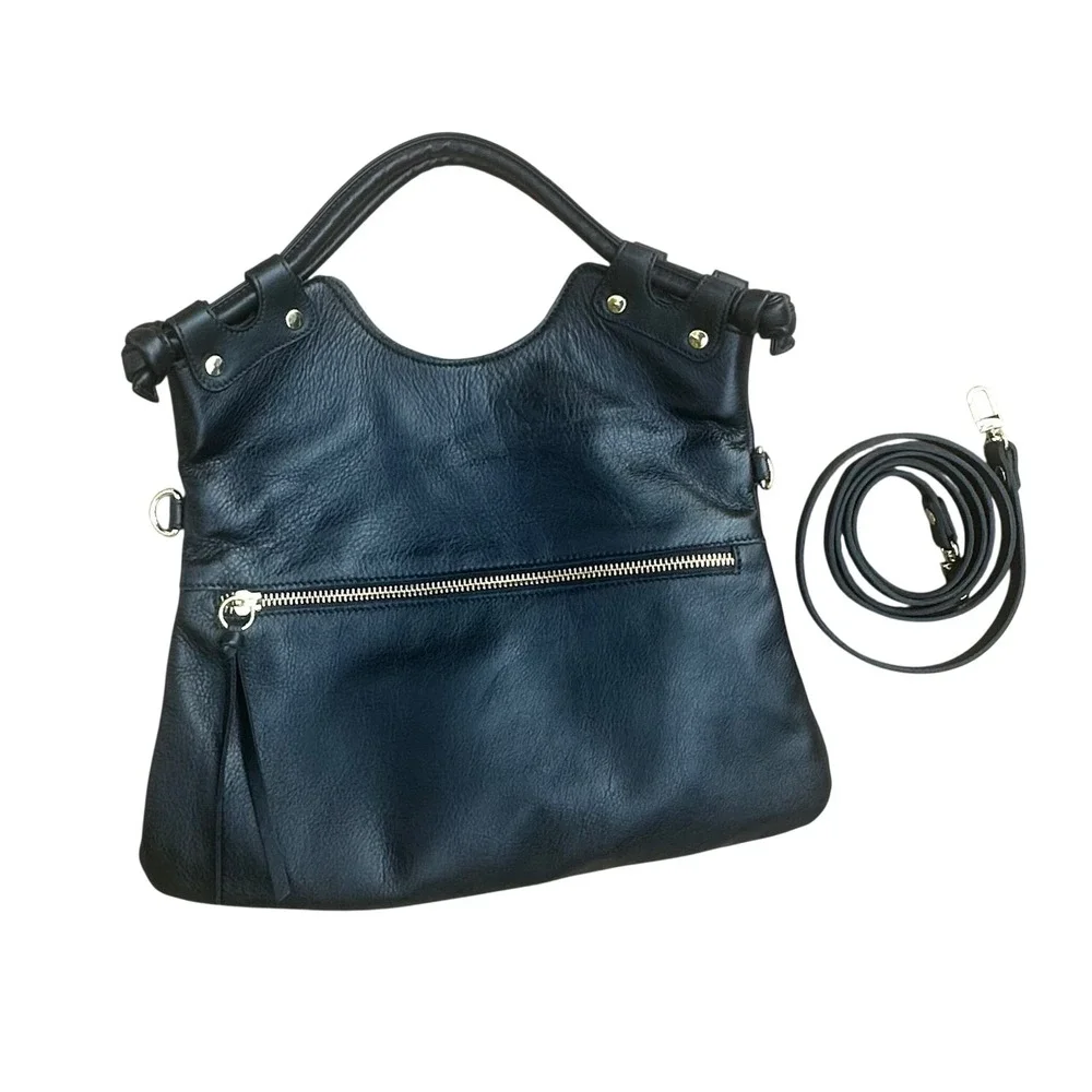 Pietro New York Black Leather Convertible Satchel Crossbody Bag Gold Hardware